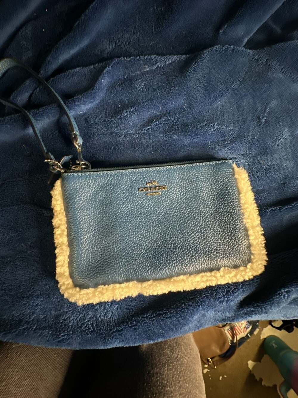 Coach Corner Zip Wristlet in Blue Pebbled Leather with Shearling Trim
